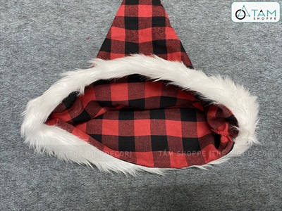 Nón Noel vải sọc Caro Đỏ Đen viền lông thú [Dày dặn - ĐK 32cm] NON-X-06